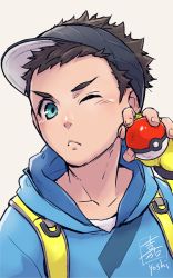 Rule 34 | 1boy, black hair, blue eyes, blush, closed mouth, creatures (company), fingerless gloves, game freak, gloves, hood, hoodie, looking to the side, male focus, male protagonist (pokemon go), nintendo, one eye closed, poke ball, poke ball (basic), pokemon, pokemon go, short hair, solo, upper body, very short hair, yellow gloves, yoshimi