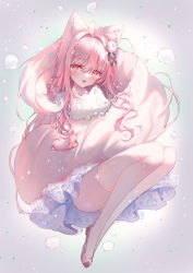 Rule 34 | 1girl, :d, ahoge, animal, animal ear fluff, animal ears, blush, cat, commentary, dress, full body, grey eyes, hair between eyes, hair intakes, highres, long hair, long legs, looking at viewer, nail polish, open mouth, original, pink footwear, pink hair, shoes, smile, solo, tail, tandohark, thighhighs, white dress, white thighhighs