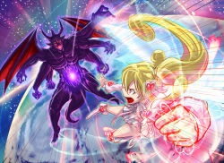 Rule 34 | 1girl, :o, aida mana, bat wings, battle, blonde hair, boots, bow, brooch, clenched hand, cure heart, cure heart (parthenon mode), curly hair, dokidoki! precure, epic, extra arms, flying, foreshortening, heart, heart brooch, jewelry, knee boots, long hair, magical girl, monster, munaage, muscular, pink eyes, planet, ponytail, precure, proto-jikochuu, ribbon, skirt, wings