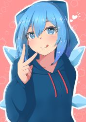 Rule 34 | 1girl, :q, alternate costume, arm behind back, arm up, blue eyes, blue hair, blue hoodie, blush, bow, bright pupils, cirno, commentary request, drawstring, hair between eyes, hair bow, heart, highres, hood, hood down, hoodie, lens flare, long sleeves, looking at viewer, mizune (winter), outline, pink background, short hair, solo, sparkle, standing, thick eyebrows, tongue, tongue out, touhou, upper body, v, white pupils, wings