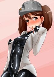 Rule 34 | 10s, 1girl, ayuayu (shouyu no sato), blush, bodysuit, bodysuit under clothes, brown eyes, brown hair, covered erect nipples, flat chest, jacket, kantai collection, latex, latex suit, long hair, looking at viewer, pink background, ryuujou (kancolle), solo, twintails