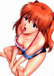 Rule 34 | 1girl, bare shoulders, barefoot, blue eyes, breasts, downblouse, feet, highres, long hair, looking at viewer, neon genesis evangelion, nipple slip, nipples, open mouth, orange hair, saigado, sitting, small breasts, solo, souryuu asuka langley, tongue, tongue out