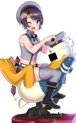 Rule 34 | 1girl, absurdres, aqua eyes, bar censor, bare shoulders, belt, beret, black bow, black bowtie, blue shorts, blush, boots, bow, bowtie, braid, braided bangs, breasts, brown hair, censored, collared shirt, crossover, disney, donald duck, from side, full body, grey shirt, grey thighhighs, handlebar, hat, high collar, high heel boots, high heels, highres, hololive, kiddie ride, kilesha, knee boots, looking at viewer, medium breasts, meme, midriff, navel, one eye closed, oozora subaru, oozora subaru (work), open mouth, pinstripe pattern, pinstripe shirt, shirt, short hair, short shorts, shorts, simple background, sitting, sitting on object, sleeveless, sleeveless shirt, smile, star (symbol), striped clothes, striped shirt, suspender shorts, suspenders, swept bangs, thighhighs, vertical-striped clothes, vertical-striped shirt, virtual youtuber, white background