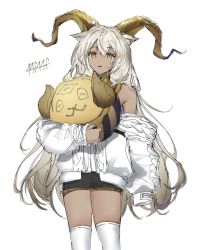 Rule 34 | 1girl, animal ears, arknights, artist name, beeswax (arknights), beeswax (weisser sand) (arknights), black shorts, cardigan, clear (4ff44f), cowboy shot, dark-skinned female, dark skin, goat ears, goat horns, hair between eyes, highres, holding, horns, long hair, looking at viewer, midriff, off shoulder, official alternate costume, open cardigan, open clothes, parted lips, shirt, short shorts, shorts, silver hair, simple background, solo, stuffed toy, white background, white cardigan, white shirt, yellow eyes