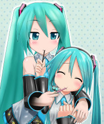 Rule 34 | 00s, 2girls, aqua eyes, aqua hair, bad id, bad pixiv id, blue background, blush, clenched hand, detached sleeves, eating, closed eyes, food, hair ornament, hatsune miku, headset, highres, kazu-chan, long hair, matching hair/eyes, multiple girls, necktie, pocky, pocky day, smile, standing, twintails, very long hair, vocaloid