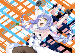 Rule 34 | 1girl, :d, absurdres, animal ear fluff, animal ears, armpits, arms up, black gloves, black leotard, black pantyhose, blue hair, braid, breasts, carrot hair ornament, clenched hands, coat, coat dress, detached sleeves, don-chan (usada pekora), dress, food-themed hair ornament, fur-trimmed coat, fur-trimmed gloves, fur scarf, fur trim, gloves, hair ornament, highres, hikimayu, hiro (ak080327), hololive, hopping, huge filesize, jumping, leotard, long hair, looking away, multicolored hair, open mouth, orange eyes, pantyhose, playboy bunny, puffy short sleeves, puffy sleeves, rabbit-shaped pupils, rabbit ears, rabbit girl, rabbit tail, scarf, short eyebrows, short sleeves, small breasts, smile, solo, strapless, strapless coat, strapless dress, strapless leotard, symbol-shaped pupils, tail, teeth, twin braids, two-tone hair, upper teeth only, usada pekora, usada pekora (1st costume), virtual youtuber, white coat, white hair, white scarf, white sleeves