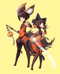 Rule 34 | 10s, 1boy, 1girl, animal ear fluff, animal ears, armlet, blade &amp; soul, brown eyes, brown hair, cat ears, cat tail, flat chest, full body, highres, holding, kim hyung tae, lamp, lantern, long hair, looking at viewer, lyn (blade &amp; soul), open mouth, ponytail, short hair, simple background, smile, standing, stick, tail, weapon, yellow background