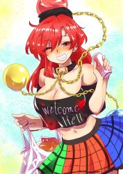 Rule 34 | 1girl, ;d, black shirt, breasts, chain, cleavage, clothes writing, earth (ornament), heart, hecatia lapislazuli, highres, large breasts, looking at viewer, medium hair, moon (ornament), multicolored clothes, multicolored skirt, navel, nunnun (shunka shuutou), one eye closed, open mouth, plaid, plaid skirt, red eyes, red hair, shirt, skirt, smile, solo, touhou, upper body