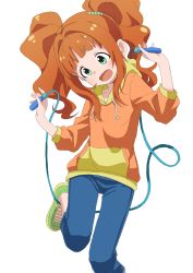 Rule 34 | 1girl, absurdres, commentary, green eyes, highres, hood, hoodie, idolmaster, idolmaster (classic), jump rope, shoes, sneakers, takatsuki yayoi, twintails, white background, yamamoto souichirou