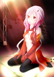 Rule 34 | 10s, 1girl, bare shoulders, black thighhighs, breasts, center opening, cleavage, detached sleeves, elbow gloves, fingerless gloves, full body, gloves, guilty crown, hair ornament, hairclip, highres, long hair, mitsukii, navel, pink hair, red eyes, sitting, solo, thighhighs, twintails, wariza, yuzuriha inori