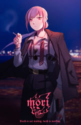 Rule 34 | 1girl, absurdres, alternate costume, bag, cigarette, commentary, english commentary, english text, unworn eyewear, highres, holding, holding bag, holding cigarette, hololive, hololive english, jacket, jacket on shoulders, looking at viewer, mafia, mori calliope, nail polish, pink eyes, pink hair, shirt tucked in, smoking, solo, sunglasses, sunglasses removed, vincent wu, virtual youtuber