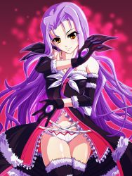 Rule 34 | 10s, 1girl, absurdres, bare shoulders, breasts, cleavage, gloves, highres, long hair, lutecia alpine, lyrical nanoha, mahou shoujo lyrical nanoha vivid, aged up, purple hair, red eyes, solo, tappa (esperanza), thighhighs