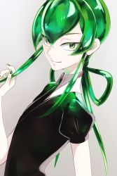 Rule 34 | androgynous, gem uniform (houseki no kuni), gender request, glowing, gradient background, green eyes, green hair, highres, houseki no kuni, jade (houseki no kuni), looking at viewer, nail polish, necktie, otton, puffy short sleeves, puffy sleeves, short sleeves, simple background, smile, solo