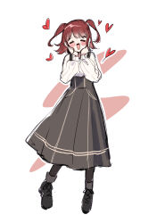 Rule 34 | 1girl, absurdres, black footwear, black pantyhose, black skirt, blush, boots, brown hair, closed eyes, dearsqn, full body, hair ornament, hakamii, hands on own face, heart, high-waist skirt, highres, long sleeves, open mouth, pantyhose, shirt, short hair, simple background, sketch, skirt, solo, twintails, white background, white shirt