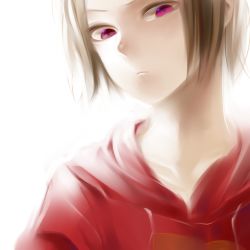 Rule 34 | 1boy, brown hair, dark yongoh, frown, hood, looking down, male focus, masato hiro, red eyes, solo, upper body, white background, witoru