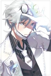 Rule 34 | 1boy, aesop carl, collared shirt, commentary request, cross-shaped pupils, frown, gloves, grey eyes, grey hair, hair between eyes, hand up, highres, identity v, jacket, light rays, long sleeves, looking at viewer, low ponytail, male focus, mask, medium hair, mouth mask, necktie, open clothes, open jacket, ponytail, shirt, solo, stitched mouth, stitches, striped clothes, striped shirt, symbol-shaped pupils, toruteeya, upper body, vertical-striped clothes, vertical-striped shirt, white gloves, white jacket, white necktie