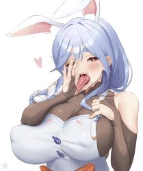 Rule 34 | 1girl, animal ear fluff, animal ears, black bodysuit, blue hair, blush, bodysuit, braid, braided ponytail, breasts, cleavage, dress, highres, hololive, large breasts, long hair, looking at viewer, mature female, multicolored hair, open mouth, pekomama, planterak draws, rabbit-shaped pupils, rabbit ears, rabbit girl, red eyes, short eyebrows, solo, streaked hair, symbol-shaped pupils, tongue, tongue out, upper body, virtual youtuber, white background, white dress, white hair