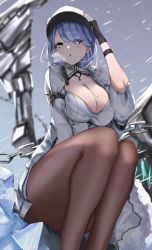 Rule 34 | 1girl, absurdres, azur lane, black gloves, blue eyes, blue hair, blush, breasts, chain, chapayev (azur lane), ekaki no mime, gloves, hair ornament, hairclip, hat, highres, jacket, large breasts, looking at viewer, military hat, mole, mole on breast, pantyhose, peaked cap, short hair, snowing, solo, white hat, white jacket