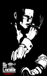 Rule 34 | 1boy, 2022, absurdres, black hair, character name, cigar, crocodile (one piece), crossover, earrings, fj23, highres, hook hand, jewelry, monochrome, multiple rings, one piece, ring, scar, scar on face, short hair, smoke, smoking, solo, solo focus, the godfather