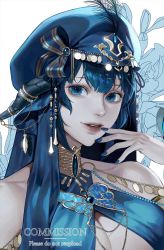 Rule 34 | 1girl, au ra, warrior of light (ff14), blue eyes, blue hair, blue headwear, blue nails, butterfly ornament, commission, dolphin 5098, emain (honkittyhonk), feathers, final fantasy, final fantasy xiv, highres, jewelry, looking at viewer, nail polish, parted lips, portrait, smile, solo