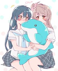 Rule 34 | 2girls, bad id, bad twitter id, blue hair, blush, commentary request, covered mouth, dolphin, grey hair, hair between eyes, hair ornament, holding, inflatable dolphin, inflatable toy, kiss, long hair, love live!, love live! school idol festival, love live! school idol project, minami kotori, multiple girls, object kiss, one side up, pleated skirt, purin (purin0), sailor collar, school uniform, serafuku, short sleeves, simple background, sitting, skirt, sonoda umi, yellow eyes