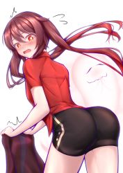 Rule 34 | 1girl, absurdres, alternate costume, artist request, ass, black shorts, blush, brown hair, embarrassed, flying sweatdrops, from behind, genshin impact, ghost, gradient hair, highres, hu tao (genshin impact), huge ass, leaning, leaning forward, long hair, looking back, looking down, multicolored hair, open mouth, red eyes, red hair, shiny clothes, shiny skin, short shorts, shorts, smile, twintails, very long hair