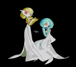Rule 34 | 2girls, apios, black background, blue skin, bob cut, closed mouth, colored skin, creatures (company), english text, expressionless, female focus, flat chest, from side, full body, game freak, gardevoir, gen 3 pokemon, green skin, hair between eyes, hair over one eye, hand to own mouth, hands up, looking at viewer, multicolored skin, multiple girls, nintendo, one eye covered, orange eyes, own hands together, pokemon, pokemon (creature), red eyes, short hair, simple background, sitting, standing, two-tone skin, white skin