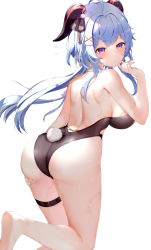 Rule 34 | 1girl, absurdres, ahoge, ass, backless leotard, bad id, bad pixiv id, bare arms, bare back, bare legs, bare shoulders, barefoot, black leotard, blue hair, breasts, cross-laced clothes, fake tail, flying sweatdrops, foot out of frame, ganyu (genshin impact), genshin impact, goat horns, grabbing own thigh, hair intakes, hair ornament, hair ribbon, hand up, highleg, highleg leotard, highres, horns, large breasts, leotard, long hair, looking at viewer, median furrow, nontraditional playboy bunny, parted lips, purple eyes, rabbit hair ornament, rabbit tail, ribbon, shoulder blades, smile, solo, tail, thigh strap, usagi poi, wet, x hair ornament