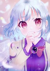 Rule 34 | 1girl, beige jacket, blush, bow, bowtie, breasts, brooch, covering own mouth, dress, hand over own mouth, highres, jewelry, kishin sagume, large breasts, looking at viewer, purple dress, purple eyes, short hair, silver hair, single wing, solo, suzukkyu, touhou, upper body, wings