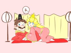 Rule 34 | 1boy, 1girl, about to kiss, bent over, blonde hair, blue eyes, blush, brown hair, dress, earrings, embarrassed, facial hair, hat, highres, jewelry, long hair, looking at viewer, mario, mario (series), mustache, nervous smile, nintendo, pink dress, princess peach, smile, speech bubble, surprised, translation request