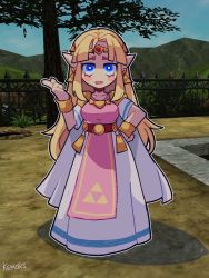Rule 34 | 1girl, absurdres, artist name, blonde hair, blue eyes, breasts, collarbone, day, earrings, eyebrows, full body, hair intakes, hand on own hip, highres, jewelry, kemori, large breasts, looking at viewer, nintendo, outdoors, pointy ears, princess zelda, solo, standing, the legend of zelda, the legend of zelda: ocarina of time