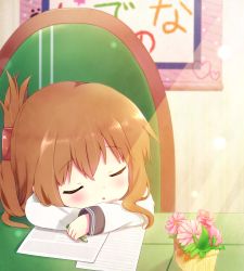 Rule 34 | 10s, 1girl, arms on table, blush, brown hair, chair, closed eyes, commentary request, desk, flower, folded ponytail, head on arm, head rest, highres, inazuma (kancolle), indoors, kantai collection, kirizuki riko, light rays, long sleeves, open mouth, paper, pencil, plant, potted plant, school uniform, serafuku, sleeping, solo, sunbeam, sunlight