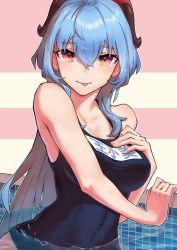 Rule 34 | 1girl, :p, absurdres, bare arms, bare shoulders, bingshuibiao, blue hair, blue one-piece swimsuit, breasts, clothes writing, commentary, ganyu (genshin impact), genshin impact, hair between eyes, hand on own chest, highres, horns, large breasts, long hair, looking at viewer, one-piece swimsuit, pink background, pink eyes, school swimsuit, solo, swimsuit, tongue, tongue out, translation request, upper body, very long hair, wading, water, white background
