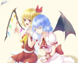 Rule 34 | 2girls, absurdres, ascot, back bow, bat wings, blonde hair, blue hair, blush, bow, breasts, brooch, brown background, chakuma (yiyh1468), closed eyes, closed mouth, collarbone, collared shirt, crystal, fangs, fingernails, flandre scarlet, frilled shirt collar, frilled skirt, frills, highres, jewelry, large bow, long fingernails, looking at another, medium hair, multicolored wings, multiple girls, nail polish, no headwear, no shoes, open mouth, pink shirt, pink skirt, puffy short sleeves, puffy sleeves, red ascot, red bow, red brooch, red eyes, red nails, red ribbon, red skirt, remilia scarlet, ribbon, ribbon-trimmed sleeves, ribbon trim, sharp fingernails, shirt, short sleeves, shoulder-to-shoulder, siblings, signature, simple background, sisters, skirt, sleeve bow, sleeve ribbon, small breasts, socks, touhou, white bow, white shirt, white socks, wings, wrist cuffs, yellow ascot