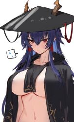 Rule 34 | 1girl, arknights, black robe, breasts, ch&#039;en (arknights), ch&#039;en the holungday (arknights), ch&#039;en the holungday (ten thousand mountains) (arknights), cleavage, closed mouth, embarrassed, hair between eyes, highres, hood, horn/wood, horns, large breasts, long hair, looking at viewer, navel, red eyes, robe, simple background, solo, speech bubble, standing, sweat, sweatdrop, upper body, white background