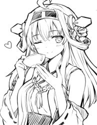 Rule 34 | 10s, 1girl, ahoge, cup, detached sleeves, greyscale, headgear, heart, kantai collection, kongou (kancolle), long hair, momoko (momopoco), monochrome, monochrome, nontraditional miko, personification, smile, solo, teacup, wink