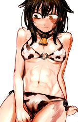 Rule 34 | 1girl, abs, animal ears, animal print, arm support, bell, bikini, black hair, blush, brown eyes, burn scar, cameltoe, closed mouth, cow ears, cow print, cowbell, dated, halterneck, heterochromia, highres, kotoba noriaki, leaning back, looking away, navel, neck bell, o-ring, o-ring top, original, scar, side-tie bikini bottom, signature, simple background, sitting, solo, sweat, swimsuit, toned, white background, white bikini, wide-eyed