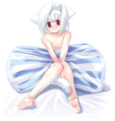 Rule 34 | albino, animal ears, barefoot, blush, cat ears, cat tail, feet, flat chest, hairband, nude, pillow, red eyes, short hair, solo, tail, white hair