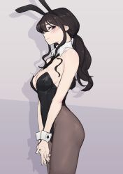Rule 34 | 1girl, alternate hairstyle, animal ears, bare shoulders, between breasts, black hair, black hairband, black leotard, black necktie, blush, breasts, brown pantyhose, closed mouth, commentary request, covered navel, cowboy shot, detached collar, drop shadow, fake animal ears, from side, gradient background, grey background, hair between eyes, hairband, highleg, highleg leotard, highres, inoue takina, interlocked fingers, korean commentary, large breasts, leotard, long hair, looking at viewer, looking to the side, low ponytail, lycoris recoil, necktie, necktie between breasts, own hands together, pantyhose, playboy bunny, ponytail, profile, purple eyes, rabbit ears, seoyong, sidelocks, sideways glance, solo, standing, strapless, strapless leotard, sweat, v arms, wrist cuffs