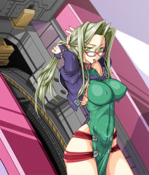 Rule 34 | 1girl, adjusting hair, angelg, artist request, banpresto, bespectacled, breasts, cameltoe, cockpit, covered erect nipples, glasses, green eyes, grey hair, impossible clothes, jacket, lamia loveless, large breasts, mouth hold, no panties, ponytail, skin tight, super robot wars, super robot wars original generation