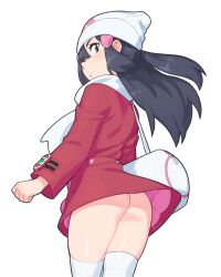 Rule 34 | 1girl, :o, artist name, ass, beanie, black hair, commentary, cowboy shot, creatures (company), dawn (pokemon), from behind, game freak, hair ornament, hat, highres, jacket, long hair, long sleeves, looking back, nintendo, no panties, open mouth, pink skirt, pokemon, pokemon dppt, pokemon platinum, red jacket, rob ishi, scarf, simple background, skirt, solo, standing, symbol-only commentary, thighhighs, white background, white bag, white hat, white scarf, white thighhighs