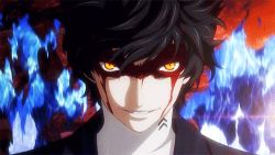 Rule 34 | 10s, 1boy, amamiya ren, animated, animated gif, black hair, blood, fire, lowres, male focus, persona, persona 5, smile, solo, yellow eyes