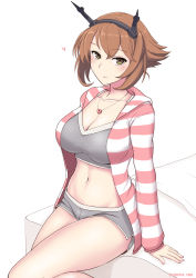 Rule 34 | 1girl, alternate costume, bra, breasts, brown hair, collarbone, cypress, flipped hair, green eyes, grey bra, grey shorts, hairband, headgear, heart, heart lock (kantai collection), heart necklace, highres, hood, hood down, hoodie, jewelry, kantai collection, large breasts, long sleeves, mutsu (kancolle), navel, necklace, open clothes, open hoodie, radio antenna, short hair, short shorts, shorts, sitting, smile, solo, sports bra, striped clothes, striped hoodie, underwear