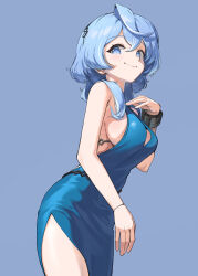 absurdres ako_(blue_archive) ako_(dress)_(blue_archive) backless_dress backless_outfit blue_archive blue_dress blue_eyes blue_hair blue_halo breasts commentary cuffs dogee_(ch_dh0408) dress evening_gown halo highres looking_at_viewer official_alternate_costume plunging_neckline shackles sideboob sideless_dress sideless_outfit simple_background single_handcuff sleeveless sleeveless_dress smile