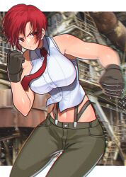 Rule 34 | 1girl, akisu k, breasts, brown gloves, brown pants, closed mouth, collared shirt, gloves, large breasts, midriff, motion blur, navel, necktie, outdoors, pants, red hair, red necktie, shirt, short hair, sleeveless, sleeveless shirt, snk, solo, teeth, the king of fighters, the king of fighters xiv, v-shaped eyebrows, vanessa (kof), white shirt