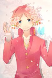 Rule 34 | 1boy, blue eyes, brown hair, bug, butterfly, flower, hanamura yousuke, highres, insect, long sleeves, male focus, persona, persona 4, school uniform, short hair, simple background, smile, solo