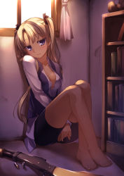 Rule 34 | 00s, 1girl, barefoot, bike shorts, blonde hair, blue eyes, blush, book, bookshelf, breasts, bullet, cleavage, come hither, curtains, dark-skinned female, dark skin, feet, gun, gunslinger girl, hair ribbon, indoors, looking at viewer, open clothes, open shirt, pump action, racer (magnet), ribbon, shirt, shotgun, sitting, smile, solo, stuffed animal, stuffed toy, sunlight, teddy bear, toes, triela, twintails, vest, weapon, winchester model 1897, window