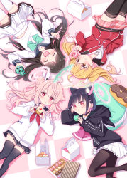 Rule 34 | 4girls, :d, ^ ^, ahoge, airi (blue archive), animal ears, biohazard symbol, black hair, black jacket, black pantyhose, black sailor collar, black skirt, black thighhighs, blonde hair, blue archive, blush, bowl, brown eyes, cardigan, checkered floor, closed eyes, closed mouth, commentary request, cupcake, doughnut, feet out of frame, food, food on face, halo, hand up, harada (sansei rain), highres, holding, holding bowl, holding food, holding spoon, hood, hood down, hooded jacket, ice cream, jacket, kazusa (blue archive), long hair, long sleeves, lying, macaron, multicolored hair, multiple girls, natsu (blue archive), on back, on side, open mouth, pantyhose, pastry box, pink hair, pink skirt, plaid, plaid skirt, puffy long sleeves, puffy sleeves, red eyes, red jacket, sailor collar, school uniform, serafuku, shirt, short hair, side ponytail, skirt, sleeves past wrists, smile, spoon, thighhighs, track jacket, triple scoop, twintails, two-tone hair, very long hair, white cardigan, white serafuku, white shirt, white skirt, white thighhighs, yoshimi (blue archive)