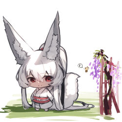 Rule 34 | 1girl, absurdly long hair, animal ear fluff, animal ears, barefoot, chibi, closed mouth, commentary request, eighth note, flower, fox ears, fox girl, fox tail, hair between eyes, highres, japanese clothes, kimono, long hair, long sleeves, musical note, obi, original, ponytail, purple flower, red eyes, sash, simple background, smile, solo, spoken musical note, standing, tail, very long hair, white background, white hair, white kimono, wide sleeves, yuuji (yukimimi)