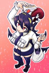 Rule 34 | 1girl, bag, cake, cake slice, feeding, filia (skullgirls), food, from above, fruit, highres, looking up, necktie, pata n, pink background, pleated skirt, red eyes, samson (skullgirls), school uniform, shoes, skirt, skullgirls, smile, solo, strawberry, thighhighs, tongue, tongue out